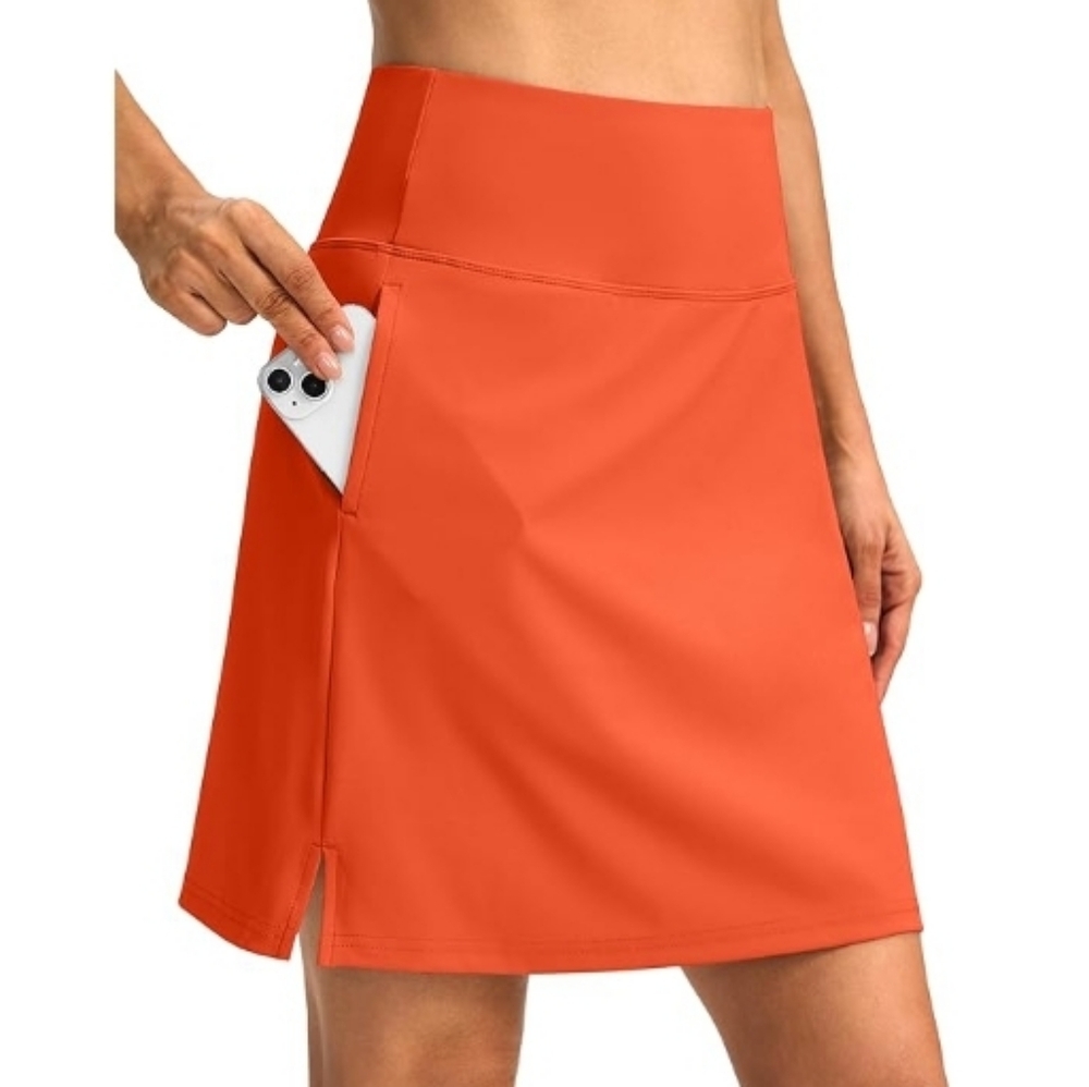 3 Pockets High Waist Long Athletic Tennis Golf Skirts Orange